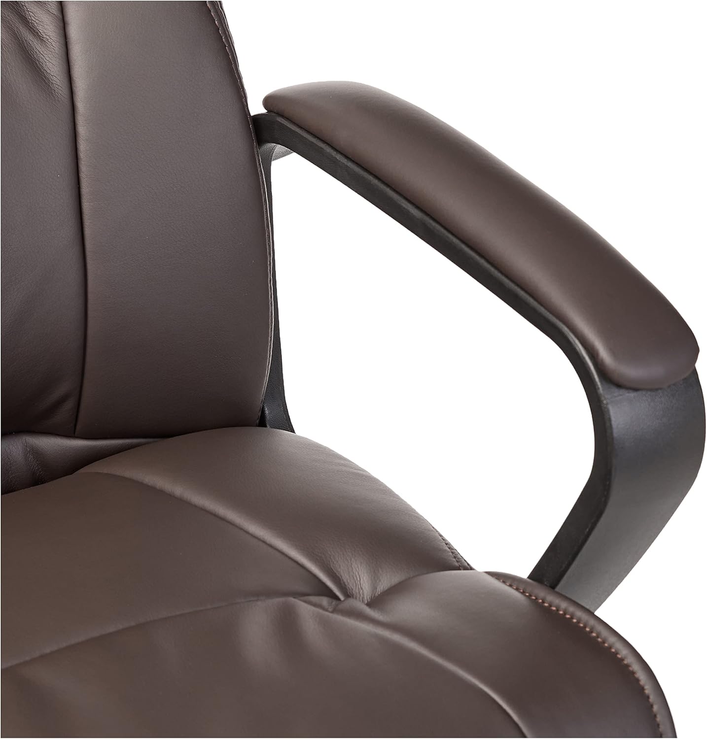 Amazon Basics Office Task Chair with Adjustable Height, 360° Swivel, Padded Armrests, Mid-Back, Rolling, 275 Pound Capacity, 24"D x 24.2"W x 34.8"H, <a href="https://amzn.to/4ts8cdd">BIFMA Certified, Dark Brown Faux Leather</a>